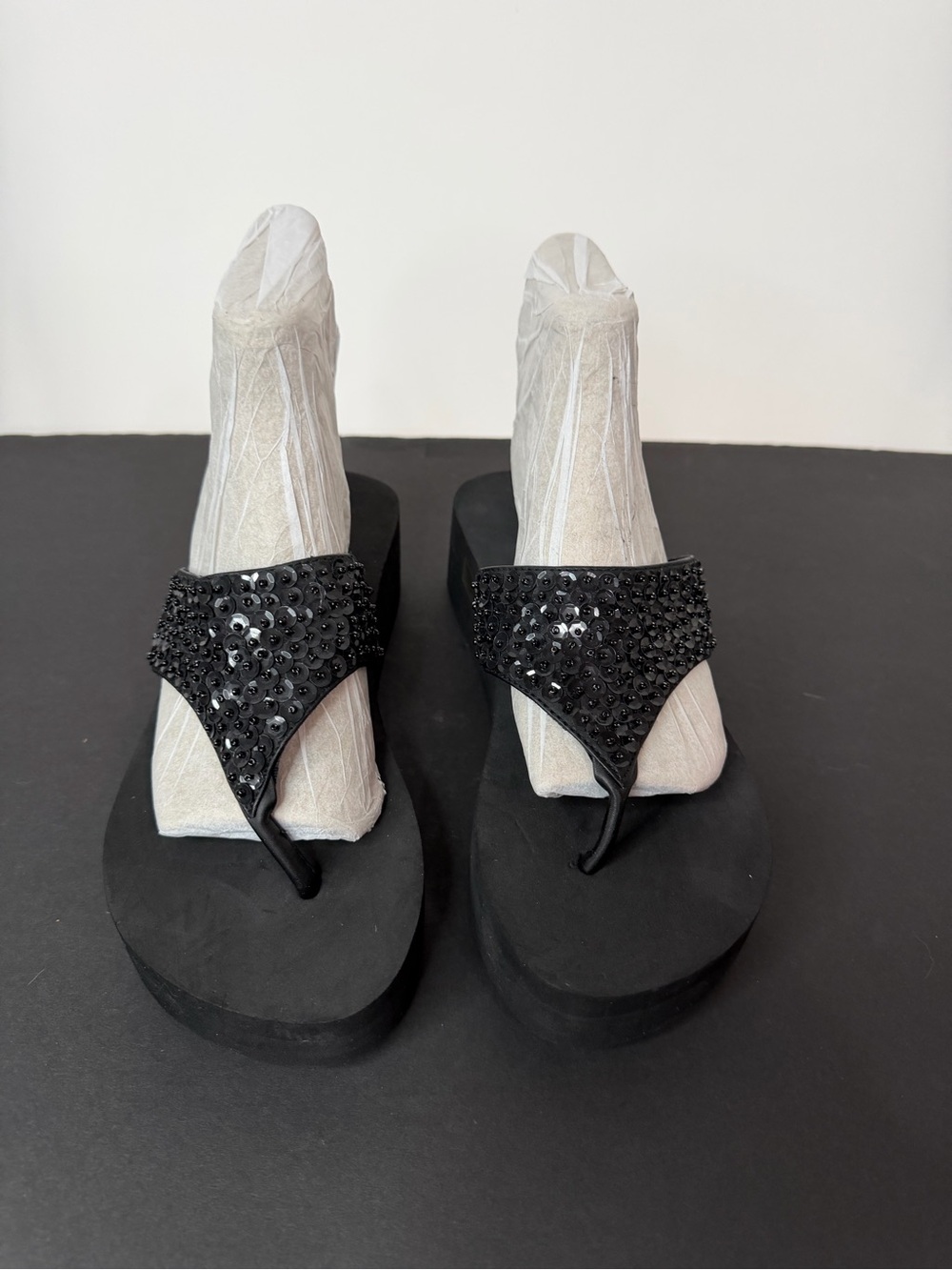 Black Beaded Wedge Thong Sandals